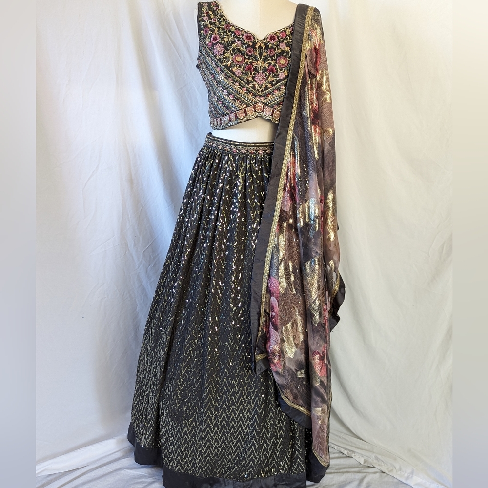 Indian wedding Shiny Dark Gray Lehenga Choli for Reception or special occasions